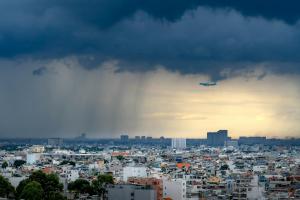 City skyline with rain